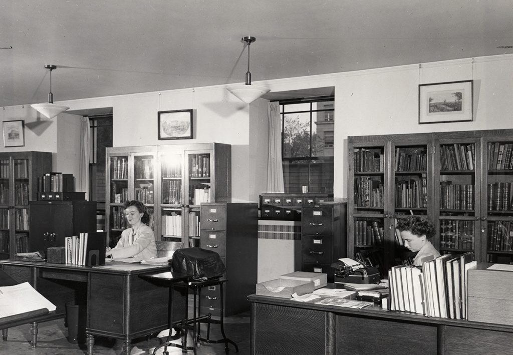 A photo of Jane Lemish and Julia Lathrop, staff at Michigan Historical Collections in 1948.