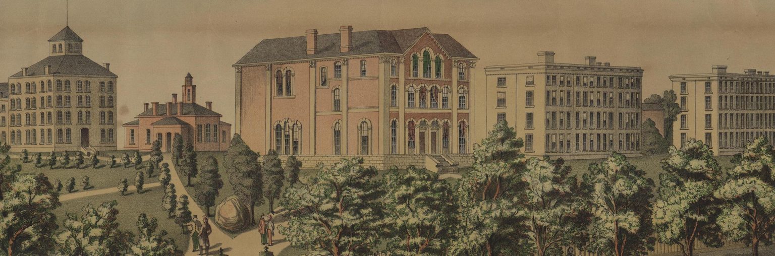 A lithograph showing a view of the University of Michigan campus, circa 1865–1874.
