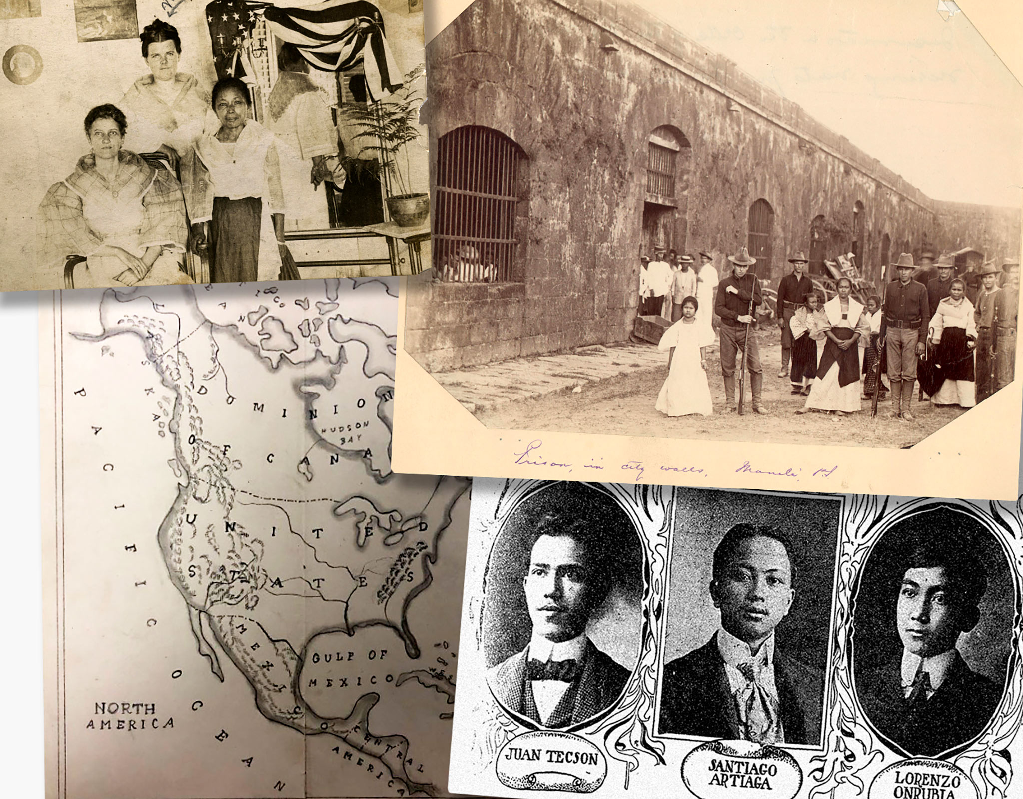 A collage of four historical photographs related to early Filipino-American experiences.
