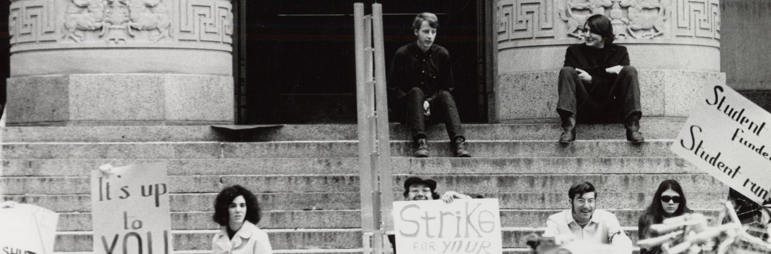 A photo of students protesting for a student-run bookstore in 1969.