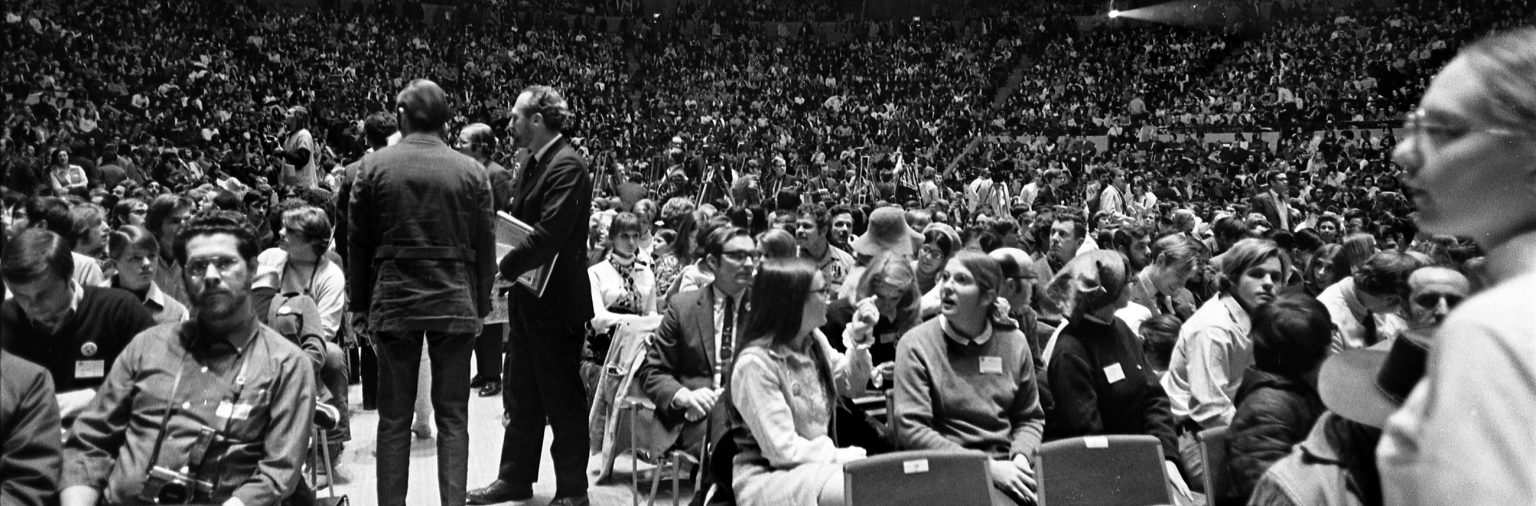 A photo of the audience waiting for the ENACT rally to begin on March 11, 1970.