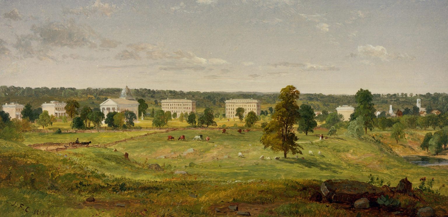 A historical painting of the University of Michigan in 1853 by Jasper Francis Cropsey.
