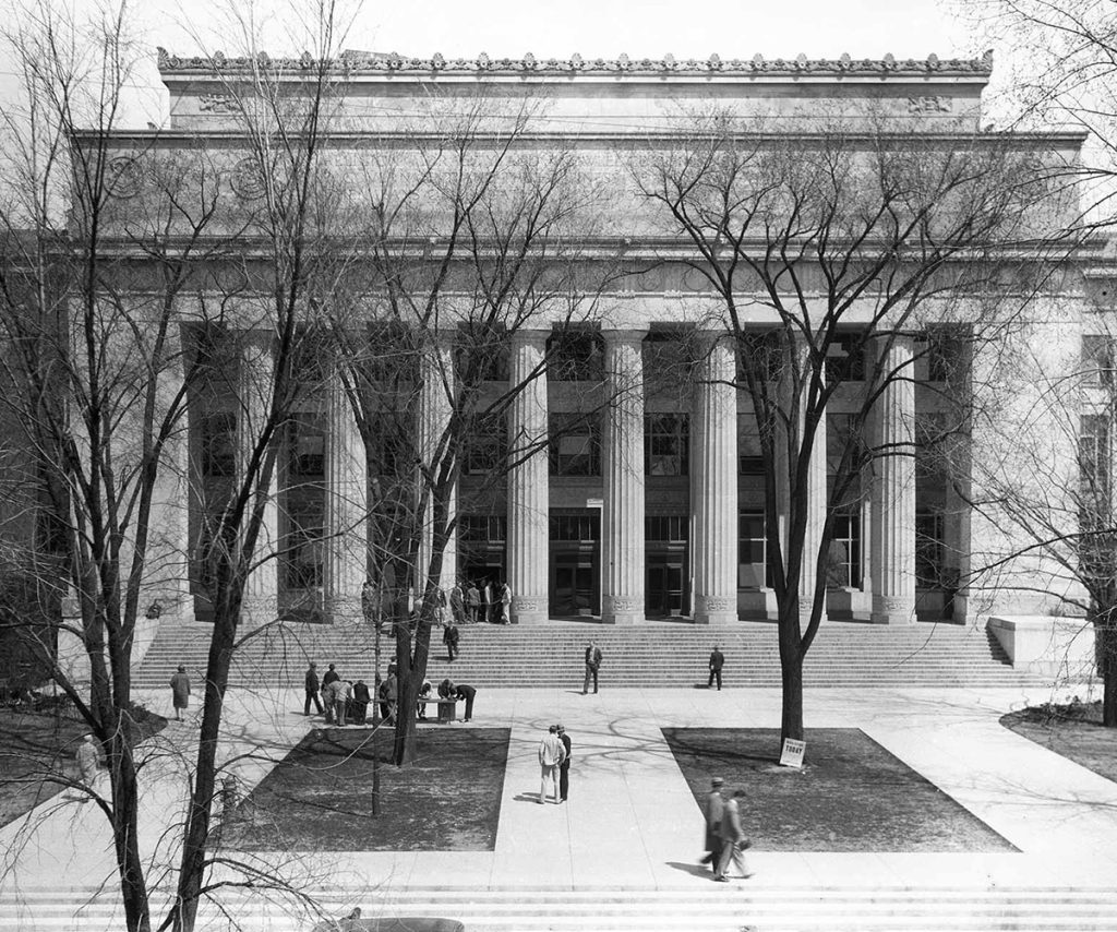 A grayscale photograph from the 1930s of the front of Angell Hall, Ann Arbor campus